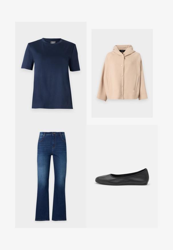 Veste à capuche beige avec des boutons-pression à l'avant, manches longues et poches latérales inclinées, en tissu doux et épais.; T-shirt bleu marine à manches courtes, col rond, ourlet droit et texture de tissu lisse, présenté sur un fond uni.; Jean en denim bleu foncé avec une taille haute, cinq poches, fermeture à boutons et jambes légèrement évasées.; Ballerines en cuir noir avec un bout rond, texture lisse, détails de couture minimalistes et design de semelle flexible.