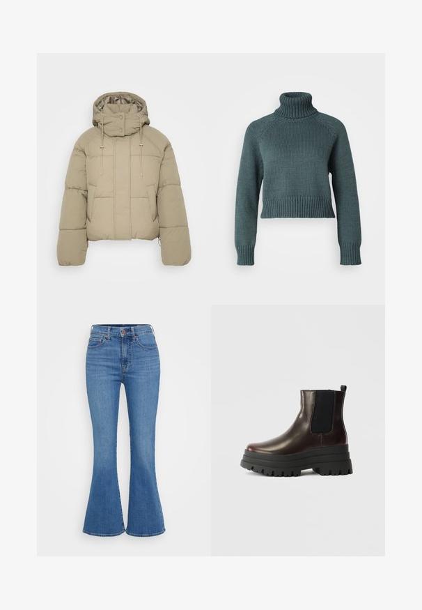 Beige pufferjakke med høj krave, justerbare snore og trykknapper. Har vandret syninger og to frontlommer.; Vero Moda Petite VMMIRANDA - Striktrøje - balsam green; Lyseblå klokkeformede jeans med høj talje, lavet af denim. Funktionen inkluderer to forlommer og en knaplukning i taljen.; Brun læder ankelstøvle med elastiske sidepaneler, chunky sort platformssål og pull tab. Har en glat overflade og robust mønster.