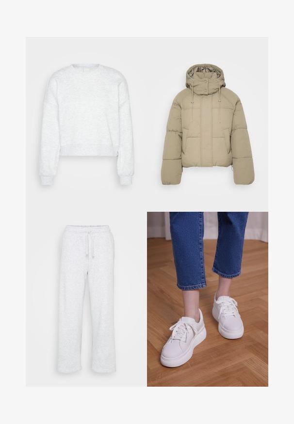 Beige Daunenjacke mit hohem Kragen, verstellbaren Kordeln und Druckknöpfen. Verfügt über horizontale Nähte und zwei Fronttaschen.; Helle graue, langärmlige, gekürzte Sweatshirt mit gerippten Bündchen und hohem Rundhalsausschnitt, auf einem schlichten hellen Hintergrund präsentiert.; Hellgraue Baumwoll-Sporthosen mit elastischem Bund und Kordelzug, gerade Beinform, ohne sichtbare Logos oder Muster.; Beine, die kurze blaue Jeans und weiße Schnür-Plateausneaker tragen und auf hellem Holzboden stehen.