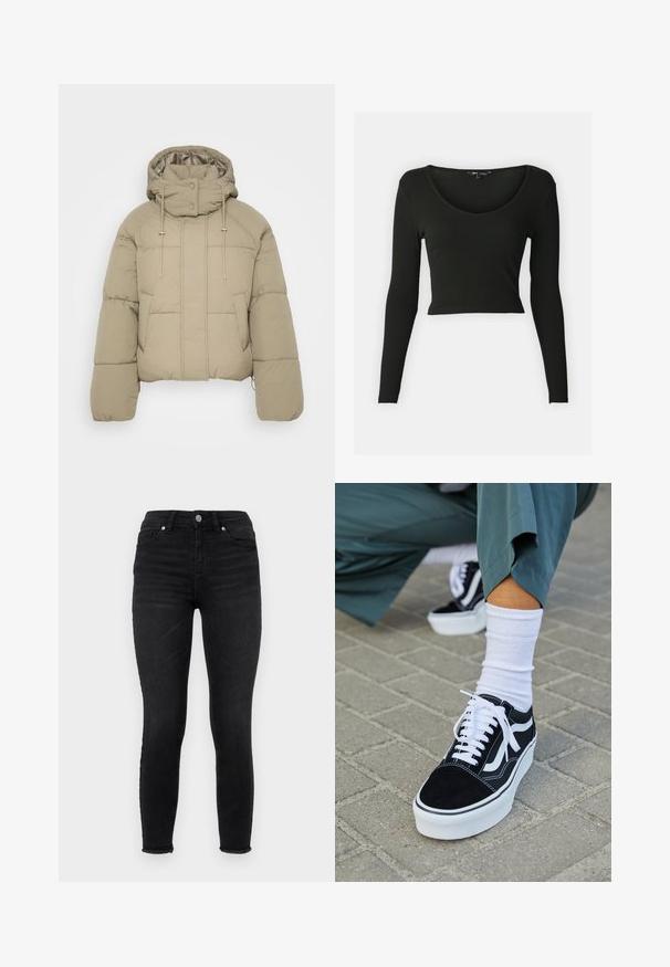 Beež puffer jakk kõrge kraega, reguleeritavate nööridega ja nööbiga. Omab horisontaalset õmblust ja kahte esist taskut.; Musthave musta pikkade varrukatega crop top, mis on valmistatud soonikkangast ja millel on sügav V-kujuline kaelus. Omab vormitud varrukaid ja siledat tekstuuri.; Mustad mustad teksad, millel on kõrge talje, ees taskud ja kulunud serv. Sile tekstuur klassikalise viie tasku disainiga.; Mustjad sametist tennisjalanõud valgete aktsentide ja nööridega, millel on paks valge tald ja kontrastsed õmblused, koos valge sokiga.