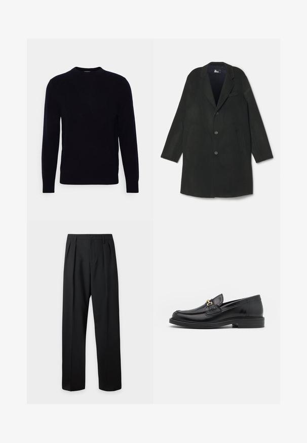 The Kooples MANTEAU - Mantel - black navy; Donkerblauwe crewneck trui met lange mouwen, gemaakt van zachte stof. Heeft een gladde textuur en een klassieke pasvorm, zonder zichtbare patronen of accenten.; Zwarte, hoog getailleerde, op maat gemaakte broek met riemlussen, voorplooien, knoopsluiting en rechte, wijde pijpen op een lichte achtergrond.; Zwarte leren instappers met een ronde neus, voorzien van een gouden hardware accent en stikdetails, geplaatst op een lage, getextureerde rubberen zool.