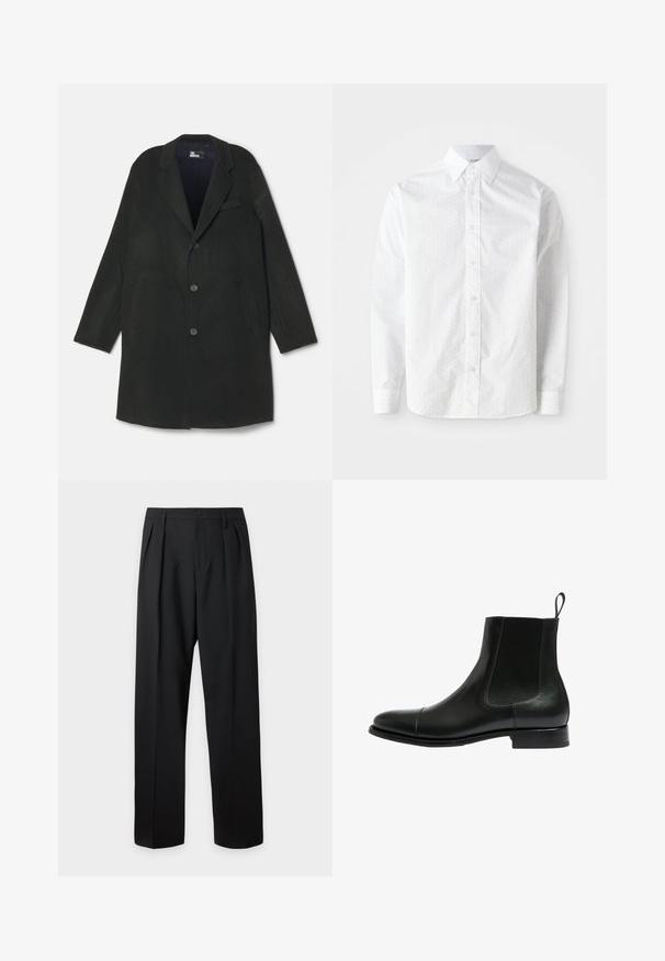 The Kooples MANTEAU - Klassisk frakke - black navy; Hvid langærmet skjorte i glat bomuld med et subtilt prikket mønster, klassisk krave, knaplukning foran og rundede manchetter.; Sorte formelle bukser med plisseringer, bæltestropper og knaplukning ved taljen, vist mod en ensfarvet lys baggrund.; Sort læder ankelstøvle med elastiske sidepaneler, rund tå og en lav, stablet hæl. Har en grebsløkke for nem påtagning.