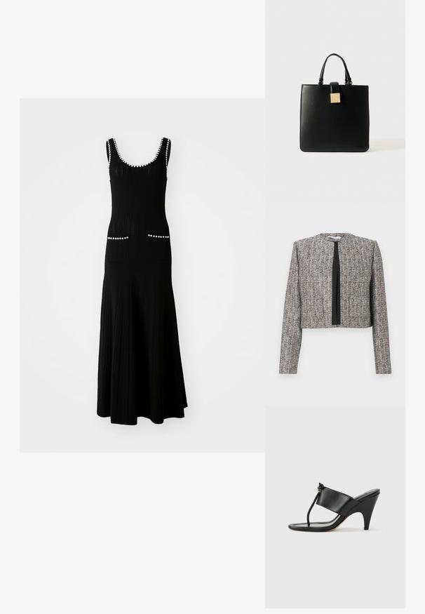 Grå og sort tekstureret cropped blazer med lange ærmer og åben front med en solid sort lodret kant.; Sort strikket kjole med tætsiddende overdel og udskåret skørt. Har hvide perleaccenter langs halsudskæringen og lommer. Struktureret stof.; Sort højhælet sandal med bred frontrem og en tåsløjfe med en knyttet snordetalje, vist i profil på hvid baggrund.; Sort læder tote bag med en struktureret form, to top-håndtag og en firkantet lås i guldtonet. Glat tekstur med minimale detaljer.