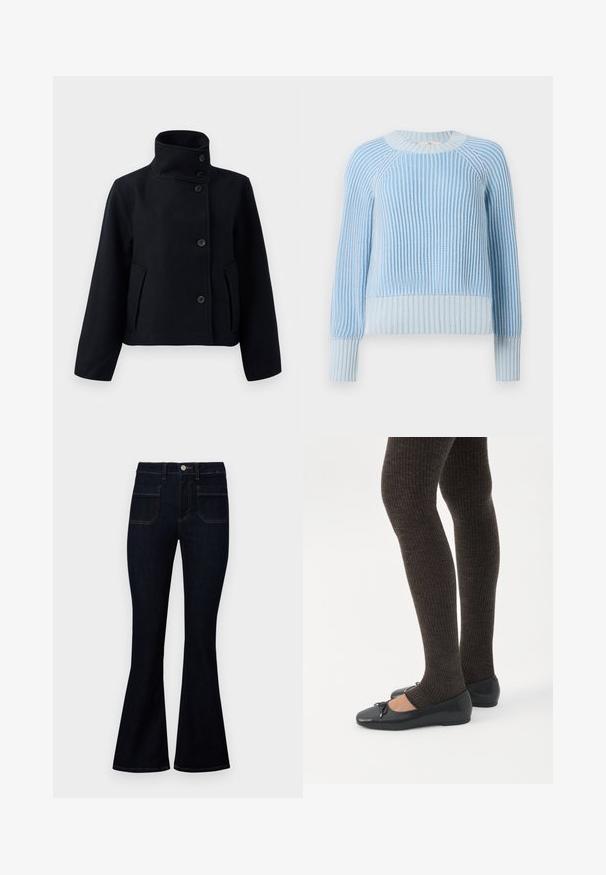 Manteau en laine noir avec un col haut, présentant une fermeture à double bouton, deux poches latérales et une silhouette ajustée.; Pull en tricot bleu clair avec une texture côtelée, un col rond et des manches longues. Il présente des rayures bleu différentes sur tout le tissu.; Jean flare bleu foncé avec une taille haute, en denim, dotés de deux poches arrière et de surpiqûres contrastées le long des coutures.; Jambes portant des leggings côtelés foncés associés à des ballerines noires avec de petits détails en nœud sur fond blanc.