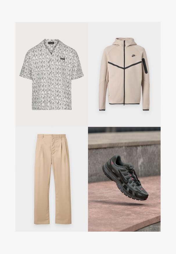 Beež Nike kapuutsiga jope, millel on täislukuga esikülg, musta ševrontriibu rinnal ja tõmblukuga tasku vasakul varrukal.; Lühikeste varrukatega kaelusega särk valges ja mustas. Omab lainelist mustrit, nööbist ees ja diskreetset logo rinnal. Kerge riie.; Beežid sirge lõikega püksid esiplekidega, nööpidega kinnitusega, vööaasa ja ühtlase, kortsuvaba kangapinnaga.; Hall ja musta Nike toss roosade aktsentidega, õhus kivipinna kohal, näidates külg- ja pealiskuju detaile.