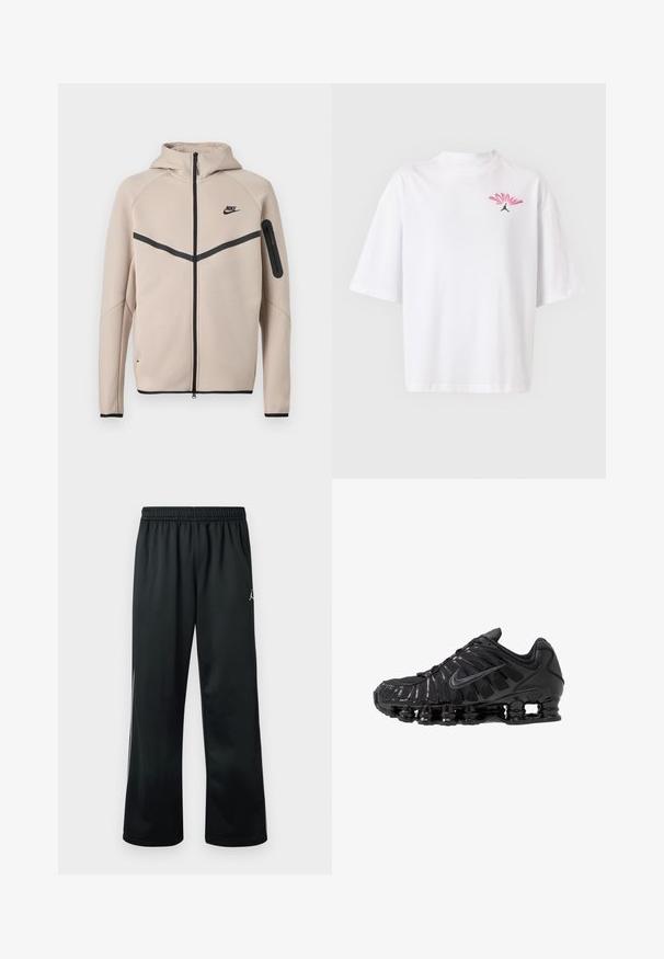 Μπεζ φούτερ μπουφάν Nike με κουκούλα και πλήρες φερμουάρ μπροστά, μαύρη λωρίδα σχήματος έλξης στο στήθος και τσέπη με φερμουάρ στο αριστερό μανίκι.; Λευκό κοντομάνικο T-shirt με μικρό ροζ και κόκκινο λογότυπο "JORDAN" και μαύρη σιλουέτα Jumpman στο αριστερό στήθος.; Μαύρο αθλητικό παντελόνι με ελαστική ζώνη μέσης, με λευκό λογότυπο στην πάνω πλευρά και λεία, ελαφριά ύφανση.; Μαύρα αθλητικά παπούτσια κατασκευασμένα από δίχτυ και συνθετικά υλικά, με χαρακτηριστικό κυματιστό σχέδιο, μαύρη λαστιχένια σόλα και αντανακλαστικές λεπτομέρειες.