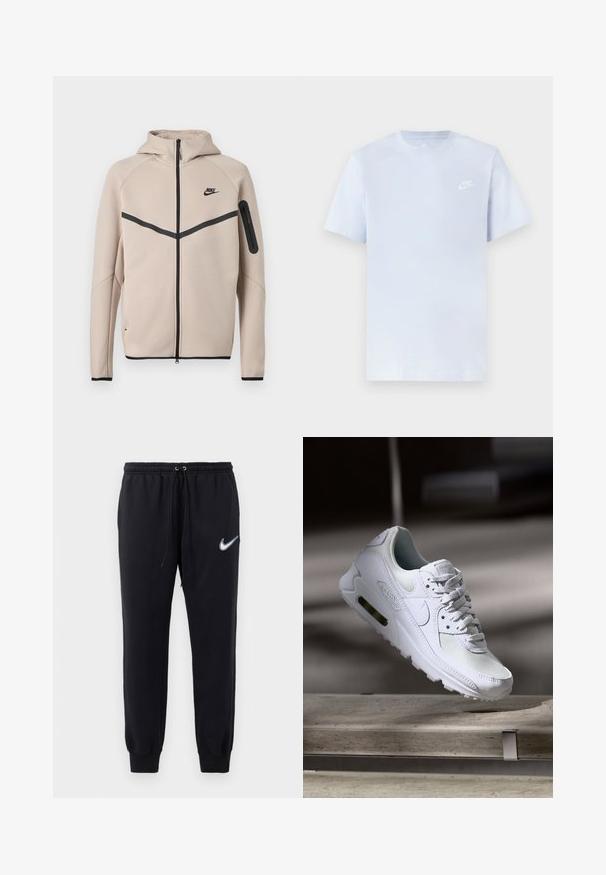 Beige Nike Kapuzenjacke mit durchgehendem Frontreißverschluss, schwarzem Chevron-Streifen über der Brust und Reißverschlusstasche am linken Ärmel.; Hellblaue Baumwoll-T-Shirt mit kurzen Ärmeln, Rundhalsausschnitt und einem weißen Nike-Logo, das auf der linken Brust gedruckt ist. Glatte Textur, schlichtes Design.; Schwarze Nike-Jogginghose mit elastischem Bund und Kordelzug. Sie hat schmal zulaufende Beine und ein weißes gesticktes Logo am linken Oberschenkel.; Weiße Nike Air Max 90 Sneaker mit einem Obermaterial aus Mesh und Leder, durchlässigem Zehenbereich und einer sichtbaren Air-Einheit in der Ferse.