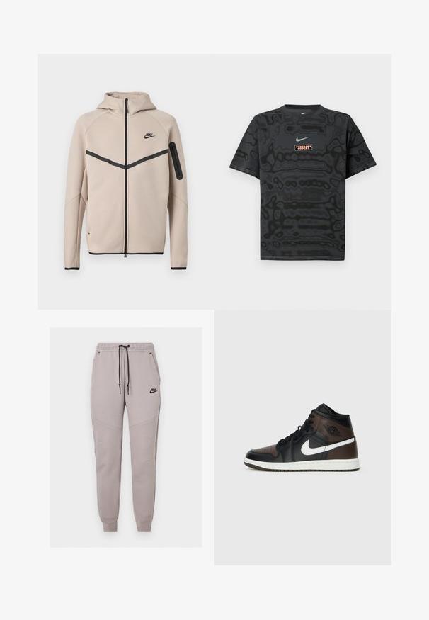 Beige Nike Kapuzenjacke mit durchgehendem Frontreißverschluss, schwarzem Chevron-Streifen über der Brust und Reißverschlusstasche am linken Ärmel.; Schwarzes T-Shirt mit einem strukturierten Muster, versehen mit einem kleinen Nike-Logo in Hellblau und einem rechteckigen Logopatch in kontrastierenden Farben.; Hellgraue Nike Jogginghose mit schwarzem Kordelzug, elastischen Bündchen, Seitentaschen und Nike-Logo am oberen linken Oberschenkel.; Schwarze und braune High-Top-Sneaker mit Obermaterial aus Leder, weißem Swoosh-Logo, perforierter Zehenpartie und Gummisohle. Mit schwarzen Schnürsenkeln und Kragen.