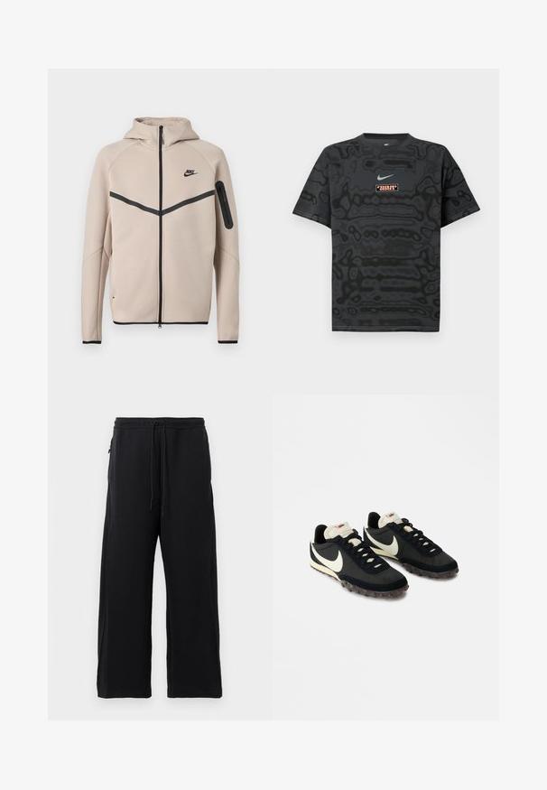 Chaqueta beige con capucha de Nike con cremallera completa frontal, franja en forma de cheurón negra en el pecho y bolsillo con cremallera en la manga izquierda.; Camiseta negra con un patrón texturizado, que presenta un pequeño logotipo de Nike en azul claro y un parche rectangular con el logotipo en colores contrastantes.; Pantalones de chándal negros hechos de una tela suave, con cintura elástica ajustable, diseño de pierna ancha y bolsillos laterales con una textura lisa.; Zapatillas deportivas negras con una parte superior texturizada, logo de swoosh blanco y suela de goma con pequeñas puas para tracción. Cuello en color crema.