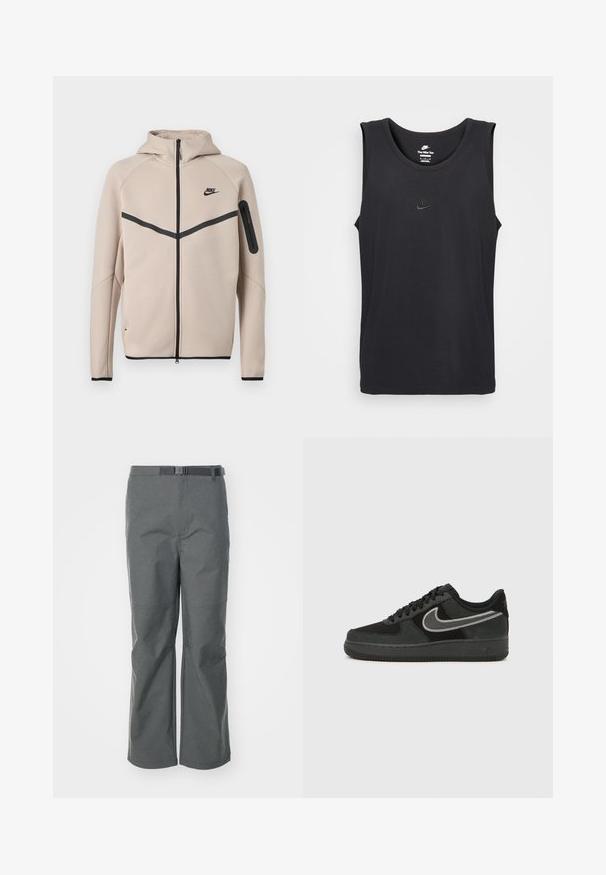 Beež Nike kapuutsiga jope, millel on täislukuga esikülg, musta ševrontriibu rinnal ja tõmblukuga tasku vasakul varrukal.; Must värvi ilma varrukateta Nike kampsun, mis on valmistatud puuvillast, ümmarguse kaelusega ja väikese reljeefse logoga rinnal. Sile kangast tekstuur.; Halli välimised püksid, mis on valmistatud vastupidavast kangast, sirge sääre lõikega, reguleeritava vöödiga ja lisaseamidega, et anda lisastruktuuri.; Nike Air Force 1 toss mustas seemnis ja nahas, millel on hõbedane logo, ümmargune ninaosa, paeltega sulgemine ja tekstureeritud kummist tallapõhi.