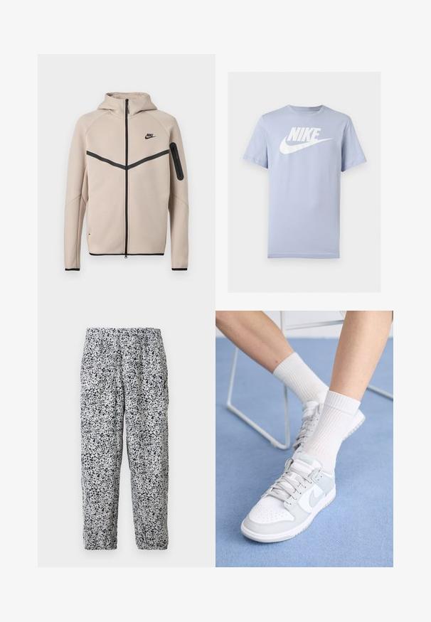 Béžová mikina s kapucňou značky Nike s celopredným zipsom, čiernym kosoštvorcovým pruhom na hrudi a vreckom na zips na ľavom rukáve.; Svetlomodré krátke bavlnené tričko s bielym logom Nike a grafikou Swoosh na hrudi, zobrazené na jednoduchom pozadí.; Biele nohavice s elastickým pásom, čiernym nepravidelným škvrnitým vzorom a elastickými manžetami, visiace na jednoduchom pozadí.; Biele tenisky s svetlomodrými akcentmi, kožený zvršok, perforovaná špička, hrubé šnúrky a rebrové biele ponožky na modrom pozadí.