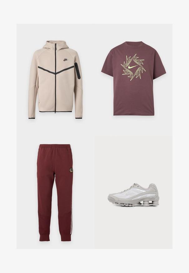 Beige Nike hættetrøje med fuld lynlås foran, sort chevronstribe over brystet og lynlåslomme på venstre ærme.; Kortærmet bordeaux T-shirt med et abstrakt, neon gult, spidset cirkeldesign og en central swoosh-logo på brystet.; Mørkerøde sweatpants med et sekskantet Nike-logo, elastisk talje, to sidelommer og hvide sidelommer. Tekstureret stof med tapered ben-design.; Grå og hvid atletiksko med synlig luftpolstret sål og mesh-paneler, vist i profil på en ensartet lys baggrund.