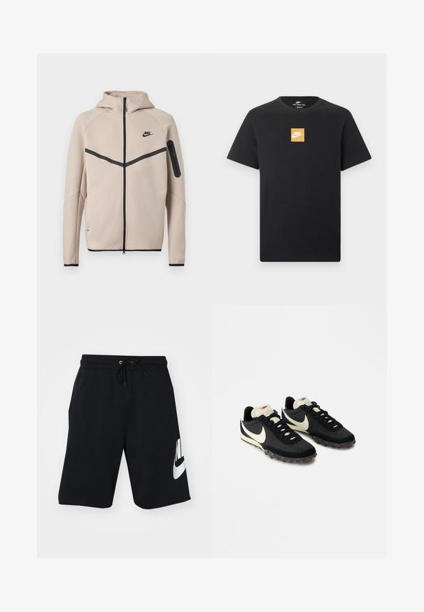 Beež Nike kapuutsiga jope, millel on täislukuga esikülg, musta ševrontriibu rinnal ja tõmblukuga tasku vasakul varrukal.; Must lühikeste varrukatega Nike T-särk, millel on väike oranž ruudukujuline logo ja valge Nike kaar rinnaku keskel.; Mustad puuvillased lühikesed püksid, millel on stringi vöökoht, küljetaskud ja suur valge Nike logo vasakul reiel. Klassikaline sportlik disain.; Mustad mustandiga spordijalatsid, valge Swooshi logo ja kummist tallaga, millel on väiksed konarused haarde tagamiseks. Kreemivärvi kael.