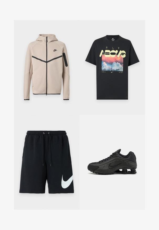 Beige Nike Kapuzenjacke mit durchgehendem Frontreißverschluss, schwarzem Chevron-Streifen über der Brust und Reißverschlusstasche am linken Ärmel.; Schwarzes Baumwoll-T-Shirt mit einem Motiv aus Wolken, einem rosa-blauen Himmel und auffälligem gelbem Text mit den Worten "FLY ABOVE" und "THERE IS NO LIMIT."; Schwarze Baumwoll-Shorts mit elastischem Taillenband, Kordelzug, Seitentaschen und einem großen weißen Nike-Logo, das auf der linken Seite aufgedruckt ist.; Schwarze Laufschuhe mit einem glatten synthetischen Obermaterial, durchbrochenen Akzenten, strukturierten Seitenpaneelen und einer ausgeprägten federnden Sohle.