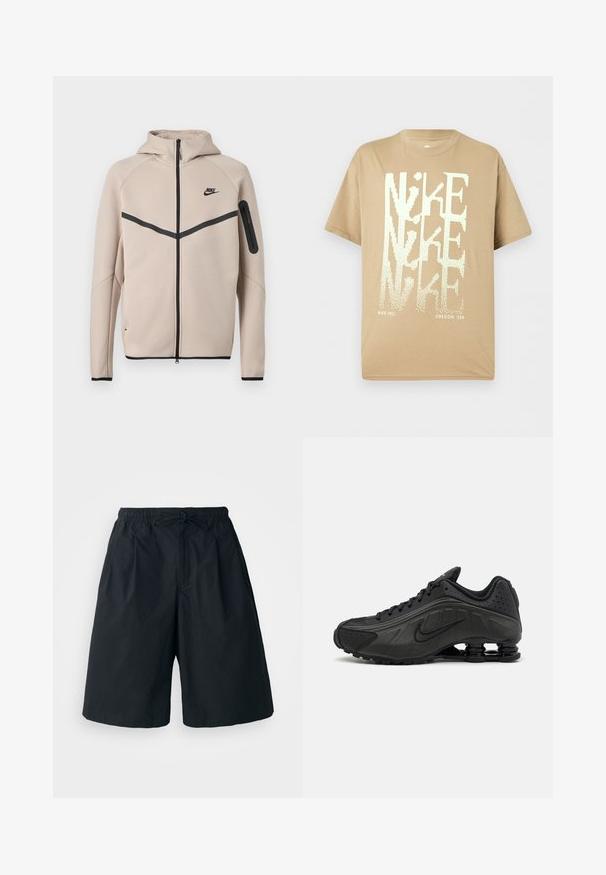 Beige Nike hættetrøje med fuld lynlås foran, sort chevronstribe over brystet og lynlåslomme på venstre ærme.; Beige kortærmet Nike T-shirt med overlappende stor hvid "NIKE" tekst samt små "NIKE INC." og "OREGON, USA" nederst.; Sorte shorts med elastisk talje og justerbar snor. Lavet af et glat stof, med en løs pasform og uden synlige mønstre.; Sorte løbesko med en glat syntetisk overdel, perforerede detaljer, teksturerede sidedele og en distinkt fjedrende sål.