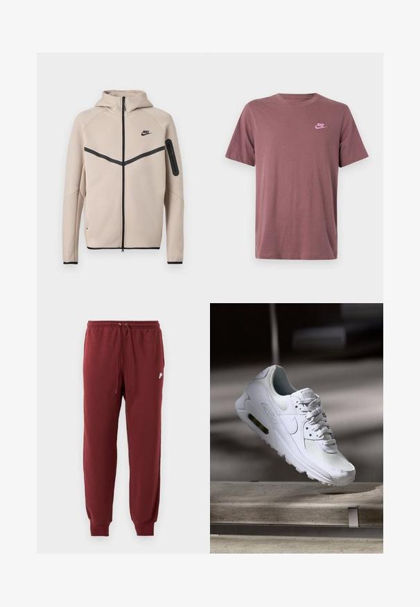 Beež Nike kapuutsiga jope, millel on täislukuga esikülg, musta ševrontriibu rinnal ja tõmblukuga tasku vasakul varrukal.; Tumesinine puuvillane T-särk lühikeste varrukatega, ümmarguse kaelusega ja roosa Nike logoga vasakul rinnal. Sile tekstuur, standardist kitsam lõige.; Burgundia värvi dressipüksid, mis on valmistatud pehmest kangast, millel on elastne vöökoht koos nööriga ja kitsenevad mansetid, millel on väikene valge logo.; Valged Nike Air Max 90 sneakers, millel on võrkkangast ja nahast ülemine osa, aukudega varbadosa ning nähtav õhuüksus kandades.