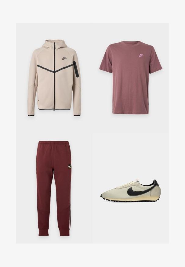 Beež Nike kapuutsiga jope, millel on täislukuga esikülg, musta ševrontriibu rinnal ja tõmblukuga tasku vasakul varrukal.; Tumesinine puuvillane T-särk lühikeste varrukatega, ümmarguse kaelusega ja roosa Nike logoga vasakul rinnal. Sile tekstuur, standardist kitsam lõige.; Bordoo dressipüksid kuusnurkse Nike logoga, elastse vöökohtaga, kahe külgtaskuga ja valgete külgtriipudega. Struktuurne kangas ja kitsenev jalgade disain.; Beežid kanvasist tekkised mustade nahast detailidega, ümar varvas, lame must välistald ja valged paelad. Omab silmapaistvat musta logo.