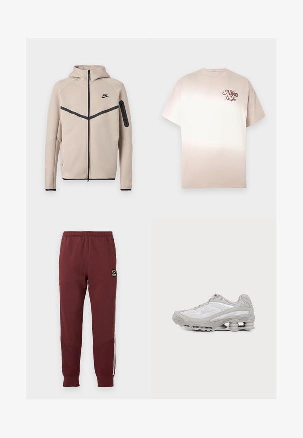 Beige Nike hættetrøje med fuld lynlås foran, sort chevronstribe over brystet og lynlåslomme på venstre ærme.; Nike T-shirt i beige til creme ombré, korte ærmer, rund hals, med en lille brun logo på øverste venstre bryst. Blødt bomuldsstof.; Mørkerøde sweatpants med et sekskantet Nike-logo, elastisk talje, to sidelommer og hvide sidelommer. Tekstureret stof med tapered ben-design.; Grå og hvid atletiksko med synlig luftpolstret sål og mesh-paneler, vist i profil på en ensartet lys baggrund.