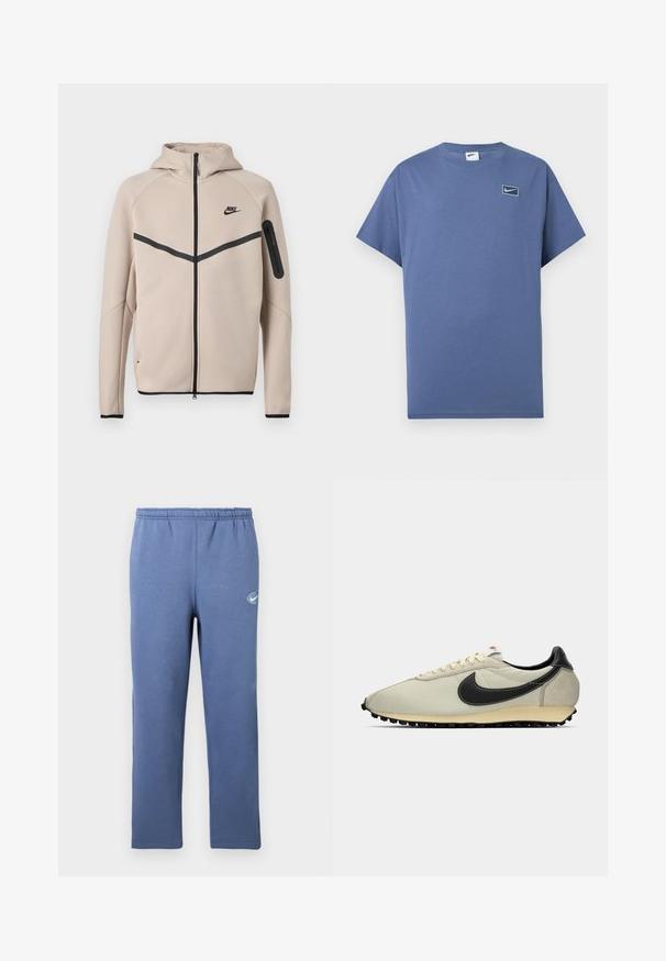 Μπεζ φούτερ μπουφάν Nike με κουκούλα και πλήρες φερμουάρ μπροστά, μαύρη λωρίδα σχήματος έλξης στο στήθος και τσέπη με φερμουάρ στο αριστερό μανίκι.; Μπλε κοντομάνικη μπλούζα με στρογγυλή λαιμόκοψη και μικρό λογότυπο Nike swoosh μέσα σε στρογγυλεμένο τετράγωνο στο αριστερό στήθος.; Μπλε φόρμα με ελαστική μέση και μικρό λευκό κυκλικό λογότυπο στο πάνω μέρος του αριστερού ποδιού, εμφανιζόμενο σε απλό φόντο.; Μπεζ καμβαδίνη αθλητικά με μαύρες δερμάτινες λεπτομέρειες, στρογγυλή μύτη, επίπεδη μαύρη σόλα και λευκές κορδόνες. Διαθέτει έντονο μαύρο λογότυπο.