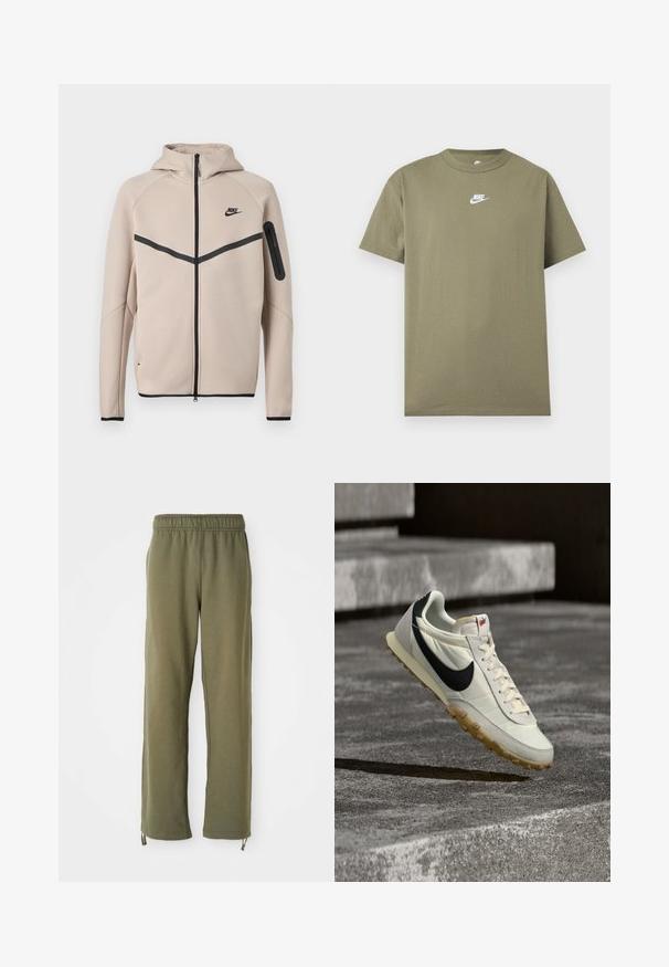 Beež Nike kapuutsiga jope, millel on täislukuga esikülg, musta ševrontriibu rinnal ja tõmblukuga tasku vasakul varrukal.; Oliviroheline lühikeste varrukatega Nike T-särk, valge logoga rinnal, hele hallil ühevärvilisel taustal.; Olive roheline, puuvillased dressipüksid elastse vöökoha, sirgete jalgade ja reguleeritavate paeltega pahkluudel. Pehme tekstuur, päevane disain.; Valge ja must Nike toss, millel on kummist tallaosa, ripub betoonastmete kohal, valgustatud loomulikust päikesevalgusest.