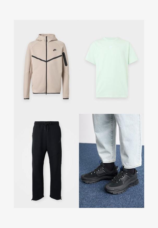 Beige Nike hættetrøje med fuld lynlås foran, sort chevronstribe over brystet og lynlåslomme på venstre ærme.; Lys grøn Nike T-shirt med korte ærmer, rund hals og lille hvidt logo centreret på brystet mod en ensfarvet baggrund.; Sorte træningsbukser med elastisk linning og snoretræk, har sidelommer, smalle ben og lynlåse ved anklerne. Glat tekstur.; Sorte træningssko med tekstureret stof og gummisåler, udstyret med elastiske snørebånd og en blå detalje på hælen. Bæres med lyse denimbukser.