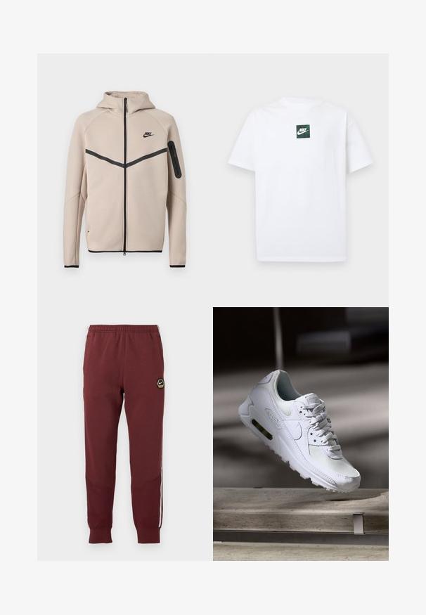 Beež Nike kapuutsiga jope, millel on täislukuga esikülg, musta ševrontriibu rinnal ja tõmblukuga tasku vasakul varrukal.; Valge lühikeste varrukatega Nike T-särk, millel on väike roheline ruutlogo, kus on Nike swoosh ja tekst, mis asub rinnal keskel.; Bordoo dressipüksid kuusnurkse Nike logoga, elastse vöökohtaga, kahe külgtaskuga ja valgete külgtriipudega. Struktuurne kangas ja kitsenev jalgade disain.; Valged Nike Air Max 90 sneakers, millel on võrkkangast ja nahast ülemine osa, aukudega varbadosa ning nähtav õhuüksus kandades.