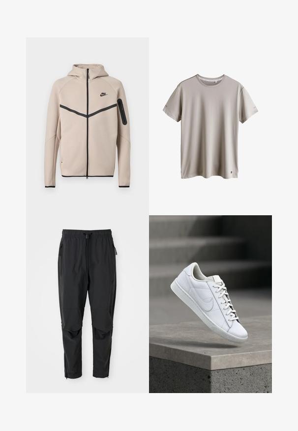 Beež Nike kapuutsiga jope, millel on täislukuga esikülg, musta ševrontriibu rinnal ja tõmblukuga tasku vasakul varrukal.; Helebeež lühikeste varrukatega ümara kaelusega T-särk väikese logoga alumise ääre lähedal, valgel taustal eksponeeritud.; Mustad mustad püksid elastse vöökoha, tõmbluku küljetaskute, artikeeritud põlvede ja pahkluude tõmblukkudega.; Valge nahast toss nööride ja Nike swoosh logo ning hõljumas betoonserva kohal õues.