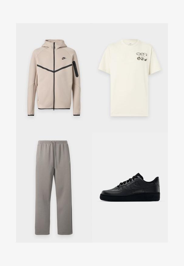 Μπεζ φούτερ μπουφάν Nike με κουκούλα και πλήρες φερμουάρ μπροστά, μαύρη λωρίδα σχήματος έλξης στο στήθος και τσέπη με φερμουάρ στο αριστερό μανίκι.; Μπεζ μπλουζάκι Nike με κοντά μανίκια, με το κείμενο «Nature in Motion» και τρία γραφικά υδρόγειων σφαιρών στο αριστερό στήθος.; Γκρι φόρμες κατασκευασμένες από μαλακό ύφασμα, με ελαστική μέση και κορδόνι, καθώς και δύο πλαϊνές τσέπες. Ίσια γραμμή στα πόδια.; Μαύρο παπούτσι Nike Air Force 1 με λείο δερμάτινο άνω μέρος, τρυπητή μύτη για αναπνοή, μαύρες κορδόνες και υφή ελαστικής σόλας.