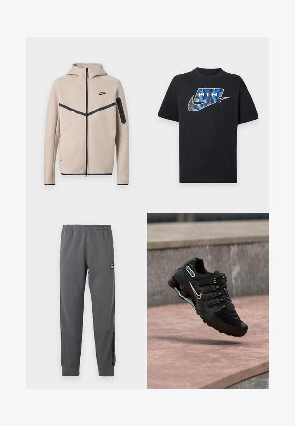 Beige Nike hættetrøje med fuld lynlås foran, sort chevronstribe over brystet og lynlåslomme på venstre ærme.; Sort t-shirt med korte ærmer med blå og hvide stiliserede "AIR"-bogstaver og Nike swoosh-logo på brystet.; Grå sweatpants lavet af blødt stof med elastisk talje, tætsiddende ben, sidelommer og en cirkulær logo-patch.; Sort Nike Shox løbesko med hvid swoosh-logo, midt i luften over en rosa betonoverflade mod en grå stenmur som baggrund.