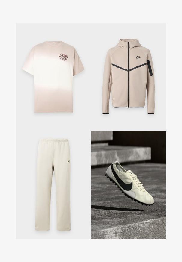 Μπεζ φούτερ μπουφάν Nike με κουκούλα και πλήρες φερμουάρ μπροστά, μαύρη λωρίδα σχήματος έλξης στο στήθος και τσέπη με φερμουάρ στο αριστερό μανίκι.; Μπλουζάκι Nike σε μπεζ προς κρεμ ομπρέ, με κοντά μανίκια και στρογγυλή λαιμόκοψη, διαθέτει μικρό καφέ λογότυπο στο πάνω αριστερό μέρος του στήθους. Μαλακό βαμβακερό υλικό.; Μπεζ φόρμες με ελαστική μέση, ίσια πόδια και μικρό πράσινο και μαύρο λογότυπο Nike στο πάνω αριστερό μηρό.; Λευκό αθλητικό παπούτσι Nike με μαύρο λογότυπο Swoosh, κορδόνια και λαστιχένια σόλα με προβολή, εμφανίζεται στον αέρα πάνω από σκάλες από σκυρόδεμα.