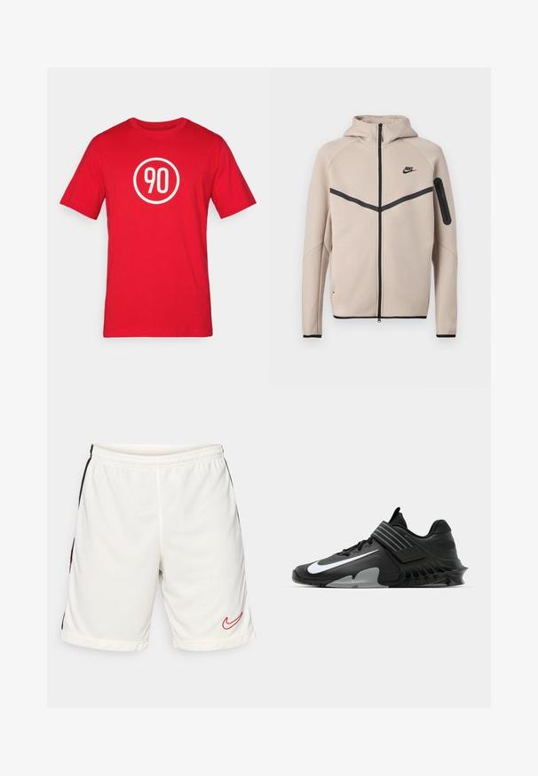 Veste à capuche Nike beige avec fermeture éclair intégrale à l'avant, bande chevron noire traversant la poitrine et poche zippée sur la manche gauche.; T-shirt en coton rouge avec un graphique circulaire blanc portant le numéro "90" au centre. Encolure classique et manches courtes.; Shorts de sport blancs en tissu lisse avec une bande latérale noire et un logo Nike rouge sur l'ourlet inférieur gauche. Ceinture élastique incluse.; Baskets de sport noires au design épuré, avec un logo Nike blanc bien en vue, des surcouches texturées et une semelle moulée distincte.