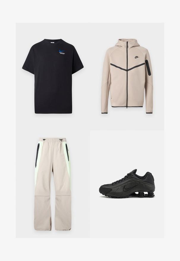 Béžová mikina s kapucňou značky Nike s celopredným zipsom, čiernym kosoštvorcovým pruhom na hrudi a vreckom na zips na ľavom rukáve.; Čierne tričko s krátkym rukávom, s malým modrým Nike swoosh a bielym textom "ATHLETIC DEPT JUST DO IT." na hornej ľavej strane hrudi.; Béžové nohavice so svetlozelenými bočnými panelmi, čiernymi zipsovými vreckami na stehnách a elastickým pásom s čiernymi šnúrkami.; Čierne bežecké topánky s hladkým syntetickým zvrškom, perforovanými akcentmi, textúrovanými bočnými panelmi a výraznou pružnou podrážkou.