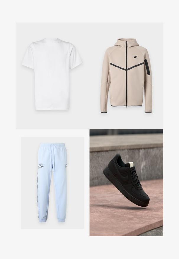 Beige Nike -huppari, jossa täysi etuvetoketju, musta vinonauha rinnassa ja vetoketjullinen tasku vasemmassa hihassa.; Valkoinen puuvillainen t-paita, lyhyet hihat, pyöreä kaula-aukko, yksinkertainen muotoilu, sileä kangas, standardi suora leikkaus.; Vaaleansiniset vapaa-ajan housut elastisella vyötärönauhalla, kiristysnyöreillä, resorit nilkoissa, musta Nike Air -logo vasemmassa reisessä ja musta sivunauha vasemmassa lahkeessa.; Musta Nike Air Force 1 -lenkkari, joka leijuu vaaleanpunaisen betonireunuksen yläpuolella harmaan kiven taustalla ja näyttää sivu- ja yläpuolen yksityiskohtia.