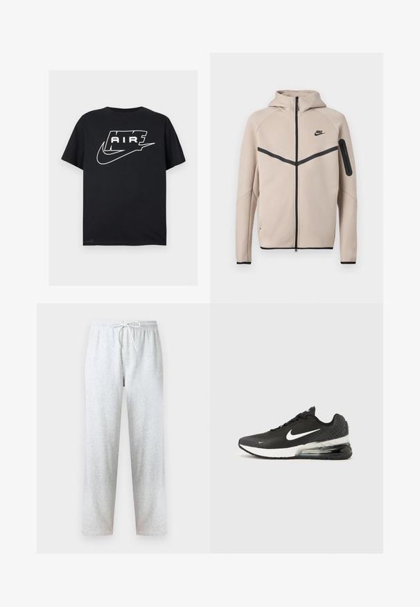 Beige Nike hættetrøje med fuld lynlås foran, sort chevronstribe over brystet og lynlåslomme på venstre ærme.; Sort kortærmet T-shirt med fed hvid stiliseret "AIR" tekst og et swoosh-logo over brystet på en ensfarvet baggrund.; Grå joggingbukser lavet af blødt stof med elastisk talje og snøre samt lige ben. Ingen mønstre eller detaljer synlige.; Sort Nike Air Max 270 sneaker med hvid swoosh-logo, hvid mellemsål og synlig luftpude i hælen på en ensfarvet baggrund.