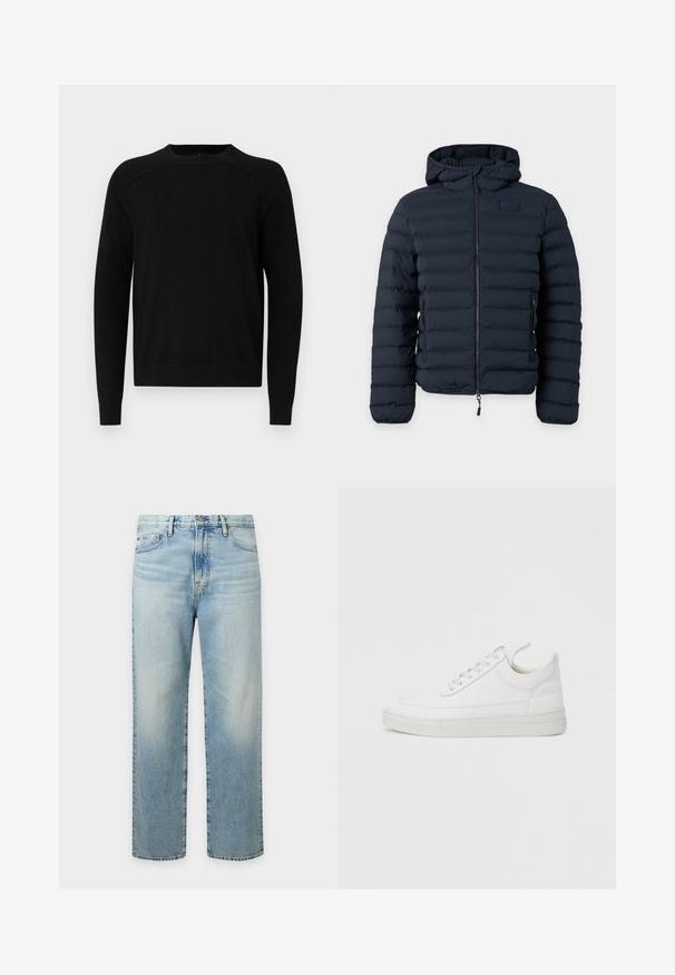 Veste matelassée à capuche bleu foncé avec fermeture éclair à l'avant et poches latérales zippées, affichée sur un fond clair uni.; Pull noir en maille avec col ras du cou, détails côtelés aux épaules et aux poignets, et coupe régulière. Texture douce, sans motifs ni accents.; Jeans en denim bleu clair à coupe droite avec poches avant, passants pour ceinture et fermeture par bouton.; Baskets en cuir blanc avec un embout arrondi, une semelle plate et un laçage à l'avant. Présentent des détails de couture et un col rembourré pour plus de confort.
