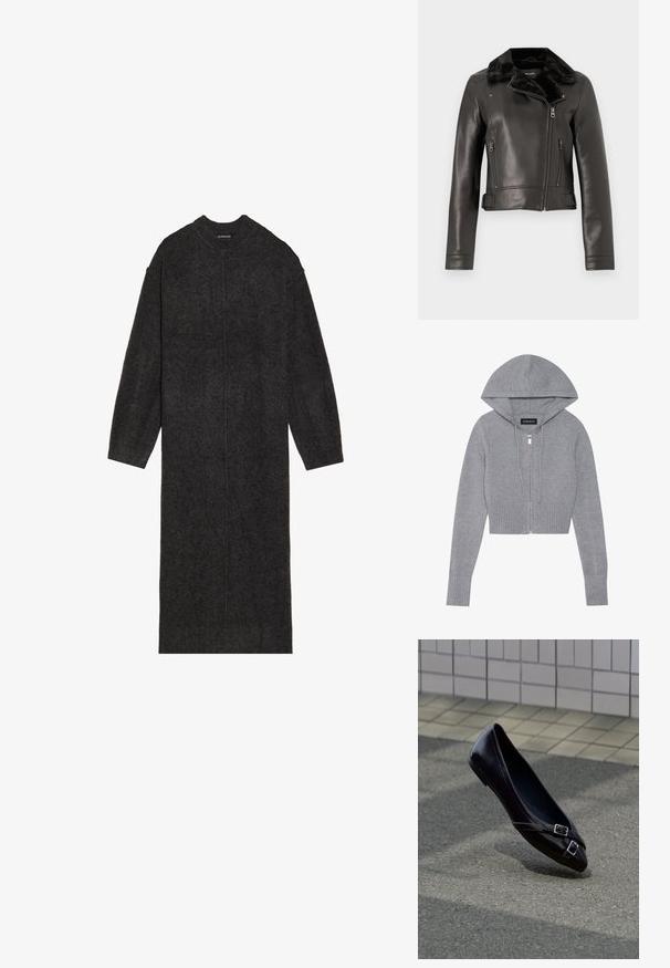 Sort læder bikerjakke med faux fur-krave, lynlåslommer og en cropped design. Har strammet ærmer og sidebæltekant.; Grå cropped zip-up hættetrøje i blødt strikmateriale. Har en hætte, ribbet kant og manchetter samt detaljer med sølv lynlås.; Lang, mørkegrå strikkjole lavet af blødt uld, med rund halsudskæring og lange ærmer, i lige snit og minimal udsmykning.; Sort spids balletflat med to små sølvspænder, der svæver over asfalt nær en flisebelagt væg som baggrund.