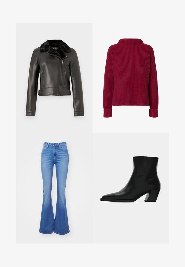 Sort læder bikerjakke med faux fur-krave, lynlåslommer og en cropped design. Har strammet ærmer og sidebæltekant.; Langærmet rød strikket sweater med høj krave og ribbet manchetter, vist på en helt hvid baggrund.; Lyseblå, trompetformede jeans lavet af denim, med høj talje, fem lommer og en let falmende farve mod kanten. Sølvfarvet knaplukning.; Sortlæder ankelstøvle med spids tå, en slank silhuet og en kraftig firkantet hæl. Glat tekstur med minimale stikninger.