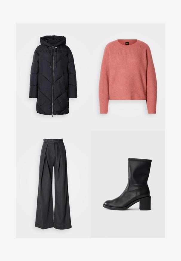 Sort puffervindjakke med hætte, der har lynlås-lukning og vinkelret quiltet mønster. Materialet har en glat, blank overflade.; Lyserød strikket sweater med en rund halsudskæring, lange ærmer og ribbet tekstur. Har et zigzag-mønster på brystet og diskrete detaljer.; Bredde ben sorte denimbukser med høj talje, der har frontfolder og en klassisk lynlås lukning. Sprød, glat tekstur med en ren finish.; Sort læder ankelstøvle med rund tå, glat tekstur og en grov hæl, der har et tætsiddende skaft og subtil syning.