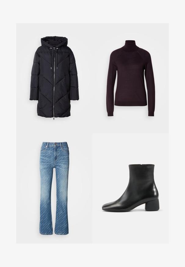Manteau matelassé noir avec capuche, présentant une fermeture éclair et un motif matelassé angulaire. Le matériau a une texture lisse et brillante.; Pull en col roulé violet foncé avec des manches longues, des poignets côtelés et une texture douce ; présente des manches raglan et un design ajusté.; Jean en denim bleu évasé avec un délavage léger, motif de texte blanc diagonal, design à cinq poches et fermeture à bouton en métal.; Bottine en cuir noir avec bout carré arrondi, fermeture éclair latérale et talon bas épais sur fond clair uni.