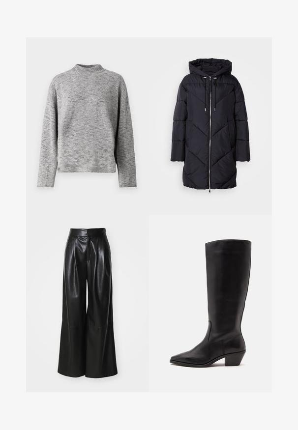 Manteau matelassé noir avec capuche, présentant une fermeture éclair et un motif matelassé angulaire. Le matériau a une texture lisse et brillante.; Pull en maille gris clair avec un col montant, des manches longues et une coupe décontractée. Tissu texturé avec un motif légèrement moucheté.; Pantalons large en faux cuir noir, taille haute, avec un devant plissé et une texture lisse. Caractéristiques d'un design épuré et minimaliste.; Botte en cuir noire mi-mollet avec un bout pointu et un talon bas incliné sur un fond clair uni.