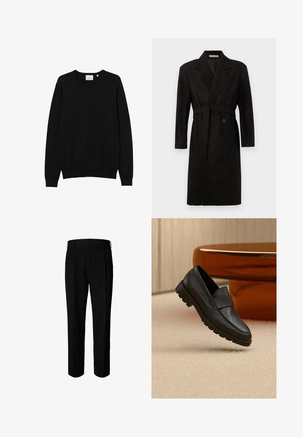Sort uldfrakke med bælte i taljen, hakkede revers og lange ærmer. Har lukning med en enkelt knap og en blød tekstur.; Sort crew-neck sweater lavet af et glat strikket stof. Har lange ærmer samt ribbede manchetter og kant. Simpelt, ensfarvet design uden mønstre.; Sorte formelle bukser med bæltestropper, knap foran og lynlås, vist mod hvid baggrund.; Sort læderloafer med tyk rillede sål vist over beige tæppe, brun buet bord i baggrunden.