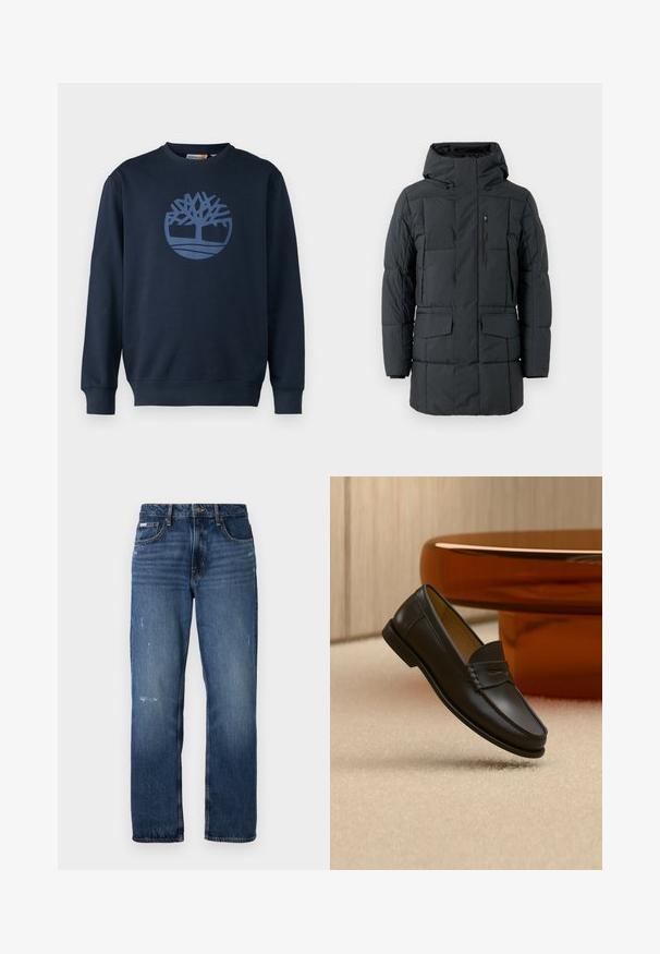 Zwarte geïsoleerde parka met een capuchon, doorgestikt ontwerp, ritszak op de borst, twee voorzakken en verstelbare manchetten. Soepele, waterafstotende stof.; Timberland TREE LOGO CREW NECK - Sweater - dark sapphire; Blauwe denim jeans met een rechte pijpdesign. Bevat vervaagde delen en lichte slijtage aan de voorkant, met een klassieke knoopsluiting.; Zwarte leren loaferschoen zwevend boven een beige tapijt met amberkleurige moderne meubels op de achtergrond.