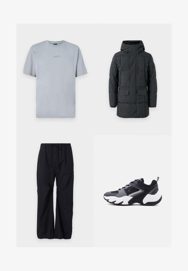 Sort isoleret parka med hætte, kviltet design, lynlås-lomme på brystet, to frontlommer og justerbare manchetter. Glat, vandafvisende stof.; Lyseblå T-shirt med korte ærmer lavet af blødt stof med rund hals. Har en broderet "BOSS" logo på brystet.; Sorte, løst siddende bukser lavet af letvægtsstof, med en elastisk talje med snøre og samlede manchetter ved anklerne.; Sort og grå atletiksko med hvid tyk sål, meshstof, snørebånd og "MK"-logo på siden.
