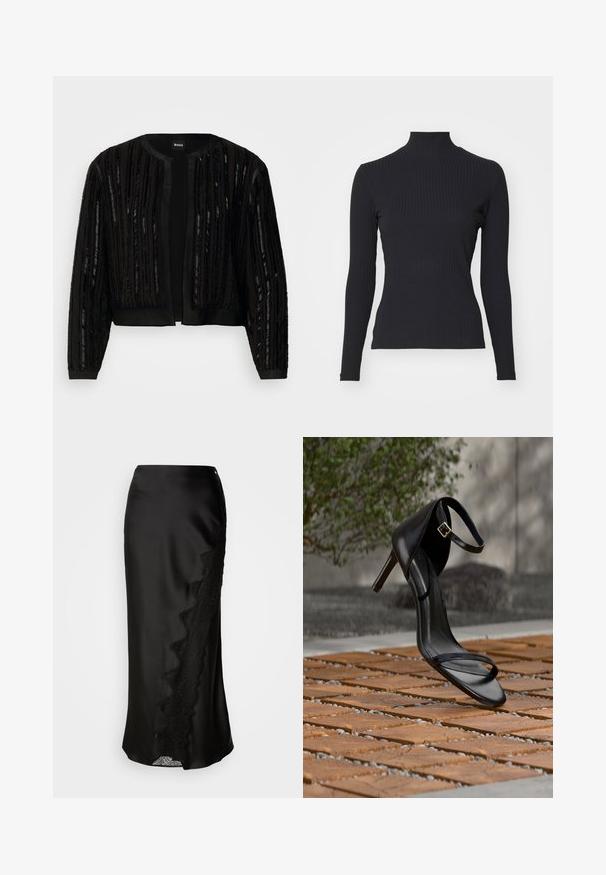 Zwarte cropped jas met textuur in verticale strepen en pailletten, open voorkant en lange mouwen in een slank, elegant ontwerp.; Zwarte geribde coltrui met lange mouwen. Gemaakt van rekbare stof met een getailleerde pasvorm en hoge kraag. Eenvoudig ontwerp zonder versieringen.; Zwarte satijnen rok met een gestructureerde afwerking, kantafwerking aan één kant en een rechte snit. Inclusief een discrete zijsplit en sluiting.; Zwarte hoge hak sandaal met enkelbandje zweeft boven een houten tegelvloer buiten, met een onscherpe groene en stenen achtergrond.