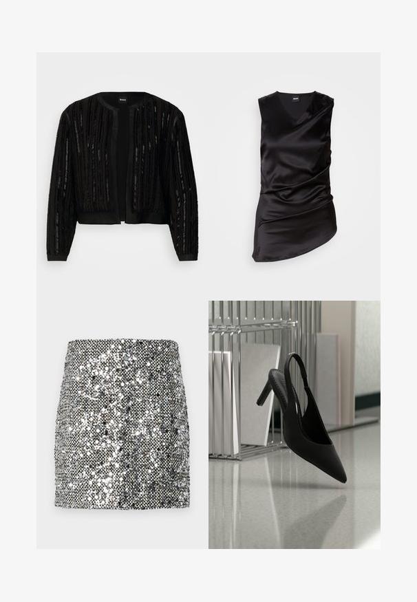 Chaqueta corta negra con rayas verticales texturizadas con lentejuelas, con un diseño elegante y esbelto, de frente abierto y mangas largas.; Top negro sin mangas hecho de satén liso, con un escote en forma de V y un diseño drapeado, con dobladillo asimétrico y una sutil textura fruncida.; Mini falda de lentejuelas con un esquema de color metálico plateado y negro, superficie texturizada con lentejuelas reflectantes y un diseño ajustado.; Zapato de tacón alto negro con punta afilada y tira en el talón, suspendido en el aire sobre un suelo brillante con carpetas apiladas en el fondo.