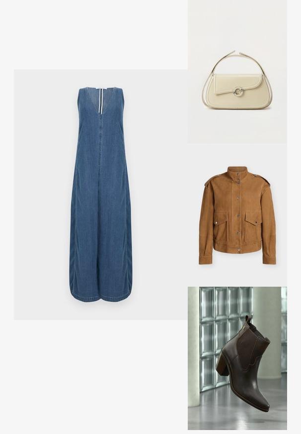 Veste en suède marron avec col montant, fermeture par boutons-pression, épaulettes sur les épaules et deux poches avant à rabat avec boutons-pression.; Robe sans manches en denim avec un profond décolleté en V, longueur totale et fronces sur les côtés. Finitions soignées avec des bords nets et une patte de boutonnage centrale.; Bottine en cuir marron foncé avec talon bloc et panneaux latéraux élastiques, présentée devant un mur moderne en blocs de verre et un sol en béton.; Sac à main en cuir crème avec rabat incurvé, fermoir circulaire en argent et poignée courte sur le dessus, sur fond blanc uni.