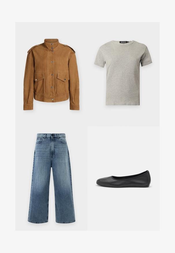 Brun ruskindjakke med ståkrave, trykknapslukning, skulderklapper og to frontlommer med klap og trykknap.; Lysegrå kortærmet crew neck bomulds T-shirt med synligt sort mærke inde i kraven med teksten "DENIM" og størrelse "S".; Lyseblå vide jeans lavet af denim, med høj talje, forlommer og klassisk syning. Ingen synlige dekorationer.; Sort læderballetsko med rund tå, glat tekstur, minimal syning og et fleksibelt såldesign.