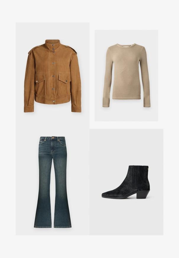 Veste en suède marron avec col montant, fermeture par boutons-pression, épaulettes sur les épaules et deux poches avant à rabat avec boutons-pression.; Haut beige à manches longues en maille côtelée, col rond, silhouette ajustée et coutures visibles aux ourlets sur fond uni.; Jean flare en denim bleu foncé avec un léger décoloré subtil, taille standard et un design classique à cinq poches. Accents en métal cuivré.; Bottine noire à bout pointu, en matériau texturé imitant les cheveux, avec un panneau latéral à nervures et un petit talon carré. Un design simple et moderne.