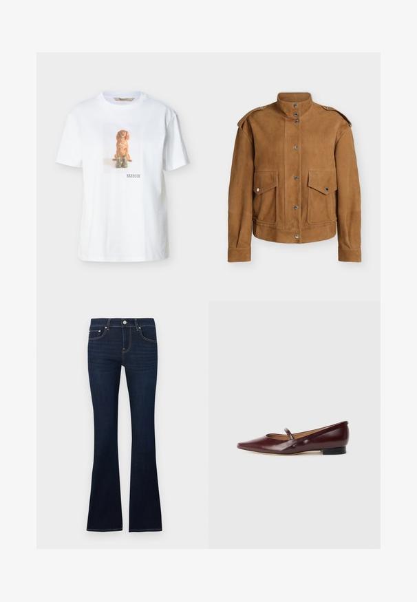Veste en suède marron avec col montant, fermeture par boutons-pression, épaulettes sur les épaules et deux poches avant à rabat avec boutons-pression.; T-shirt blanc avec une impression centrée d'un chien marron assis derrière deux bottes vertes et le texte "BARBOUR" en dessous.; Jean évasé en denim bleu foncé avec une taille ajustée, des coutures visibles, une fermeture à boutons sur le devant, et des poches classiques à l'avant et à l'arrière.; Chaussure plate en cuir verni bordeaux avec un bout pointu et une sangle décorative sur le cou-de-pied. Présente un petit talon noir.