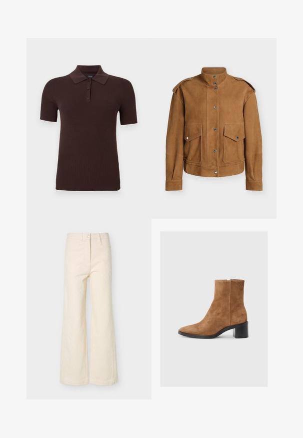 Veste en suède marron avec col montant, fermeture par boutons-pression, épaulettes sur les épaules et deux poches avant à rabat avec boutons-pression.; Polo en maille côtelée à manches courtes de couleur brun foncé avec trois boutons et un col classique, présenté sur un fond uni.; Pantalon crème taille haute à jambes larges avec bouton avant, fermeture éclair, passants pour ceinture, et détail subtil en tissu texturé.; Bottine en suede marron avec un bout pointu, un talon moyen rectangulaire et un discret logo en relief. Fermeture éclair sur le côté.